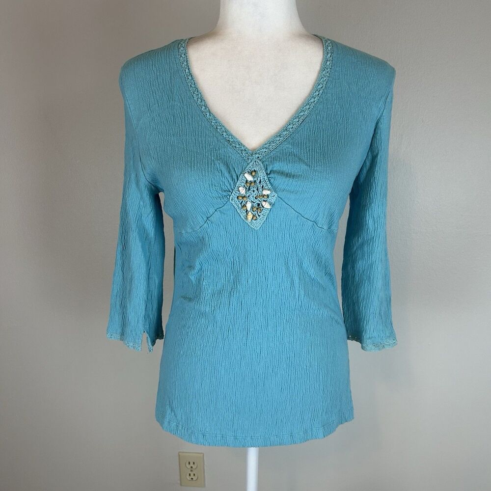 Y2K Size Small Blouse Top Teal Mermaid Shell Beaded Babydoll Lace Trim